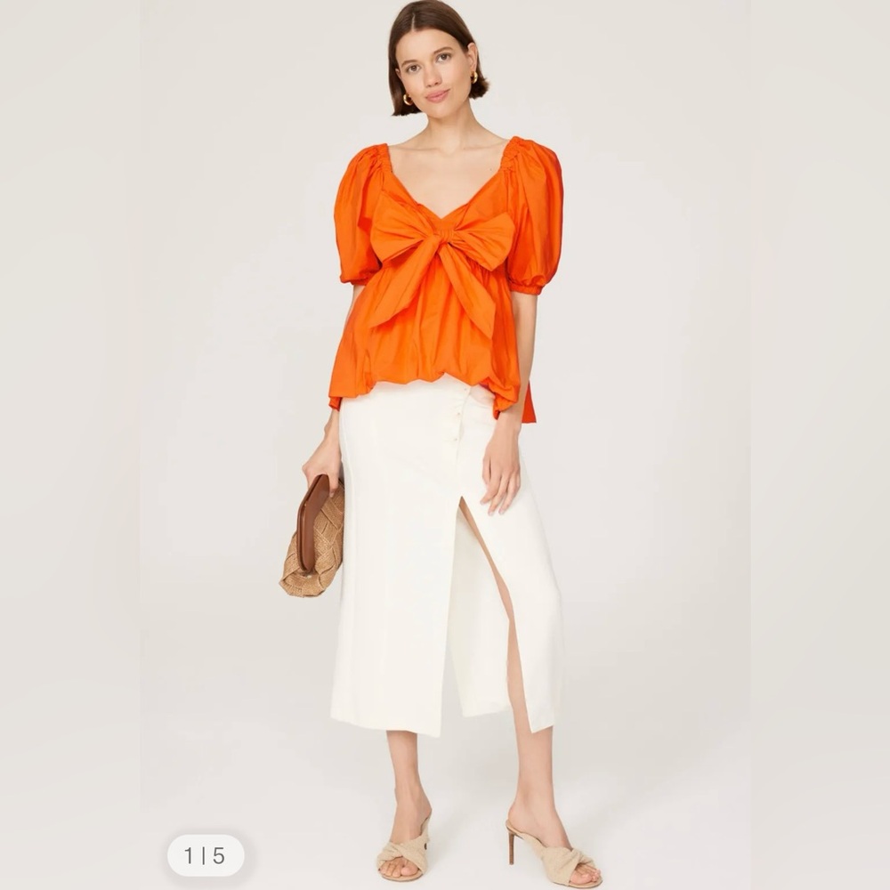 Toccin x RTR Orange Puff Sleeve Bow Front Crop Top Size 8 Wrap Blouse - Picture 3 of 9